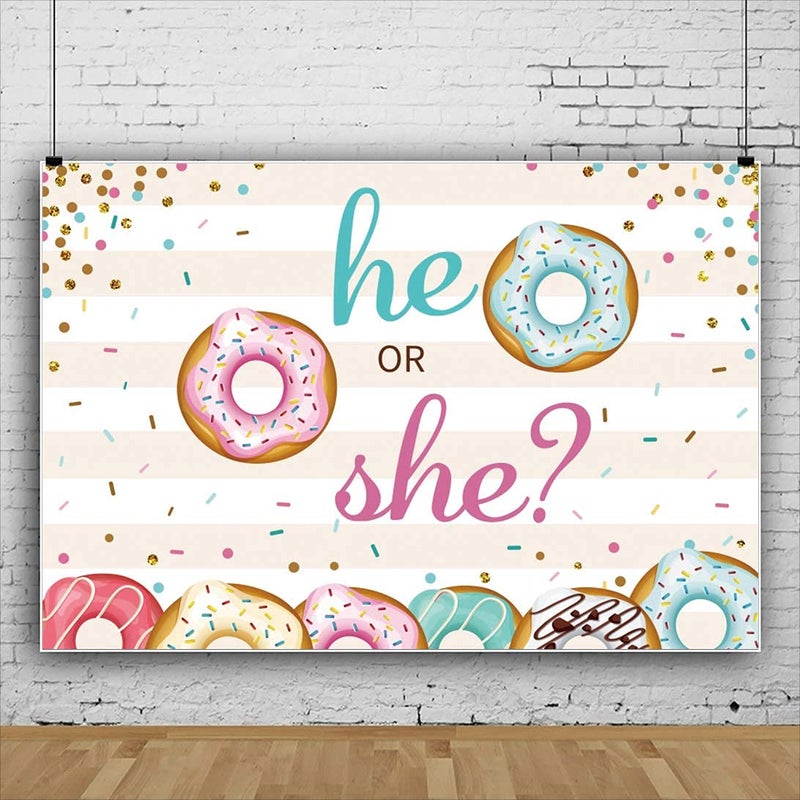 Renaiss 5x3ft Donut Gender Reveal Backdrop He or She Blue or Pink Colorful Donuts Sprinkles Confetti Stripe Sweet Desserts Photography Background for Baby Shower Party Decor Photo Studio Props - Image 3